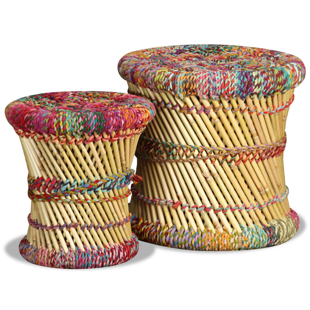 Stool Set of 2 Multicolor Bamboo and Chindi with Iron Frame