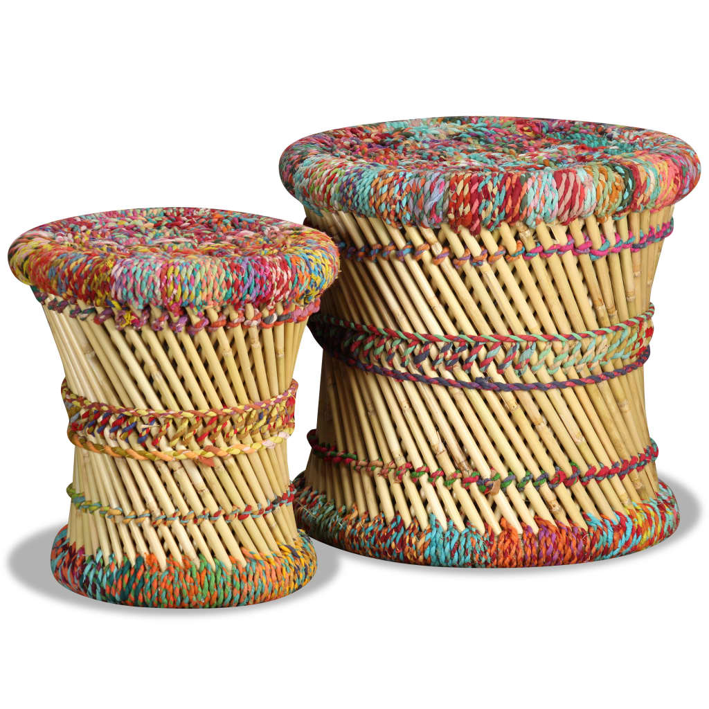 Stool Set of 2 Multicolor Bamboo and Chindi with Iron Frame