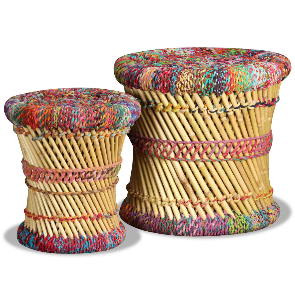 Stool Set of 2 Multicolor Bamboo and Chindi with Iron Frame