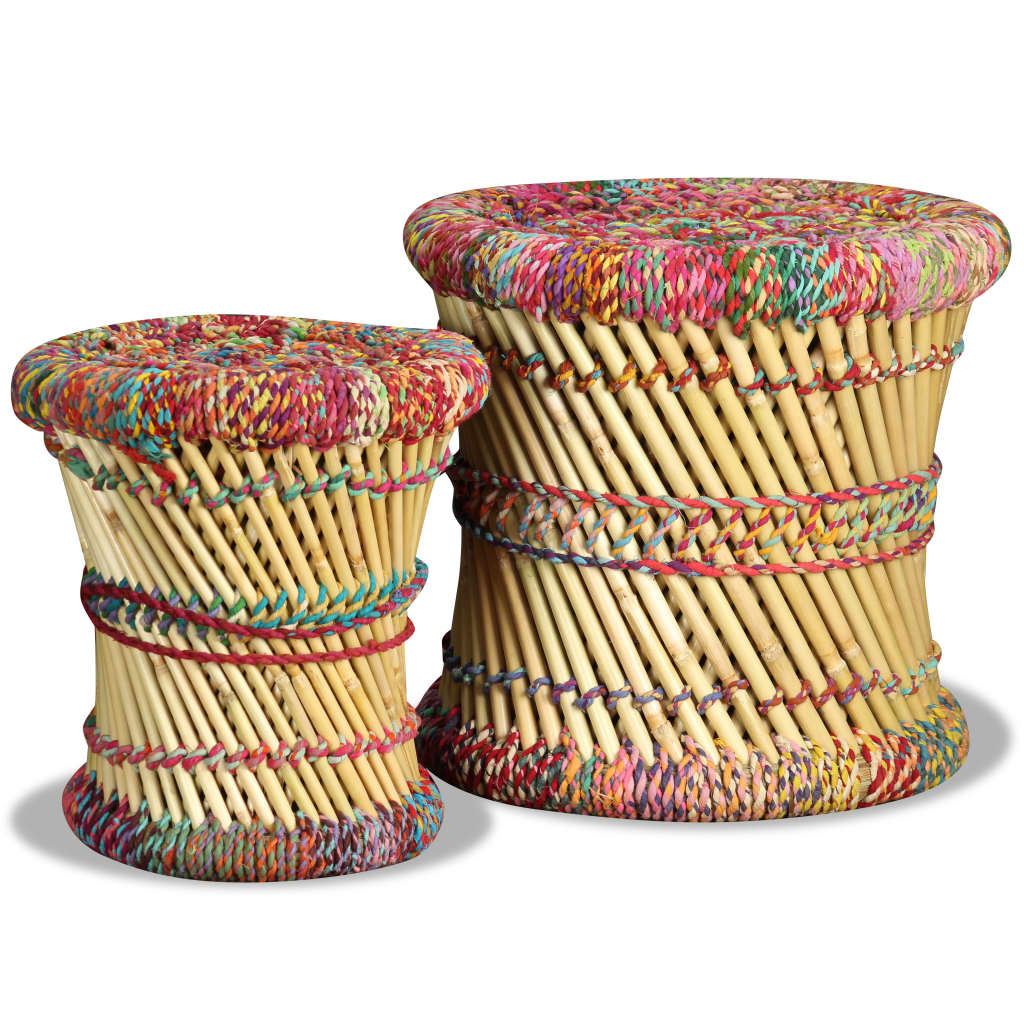 Stool Set of 2 Multicolor Bamboo and Chindi with Iron Frame