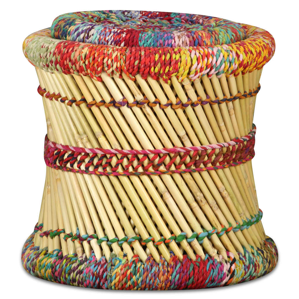 Stool Set of 2 Multicolor Bamboo and Chindi with Iron Frame