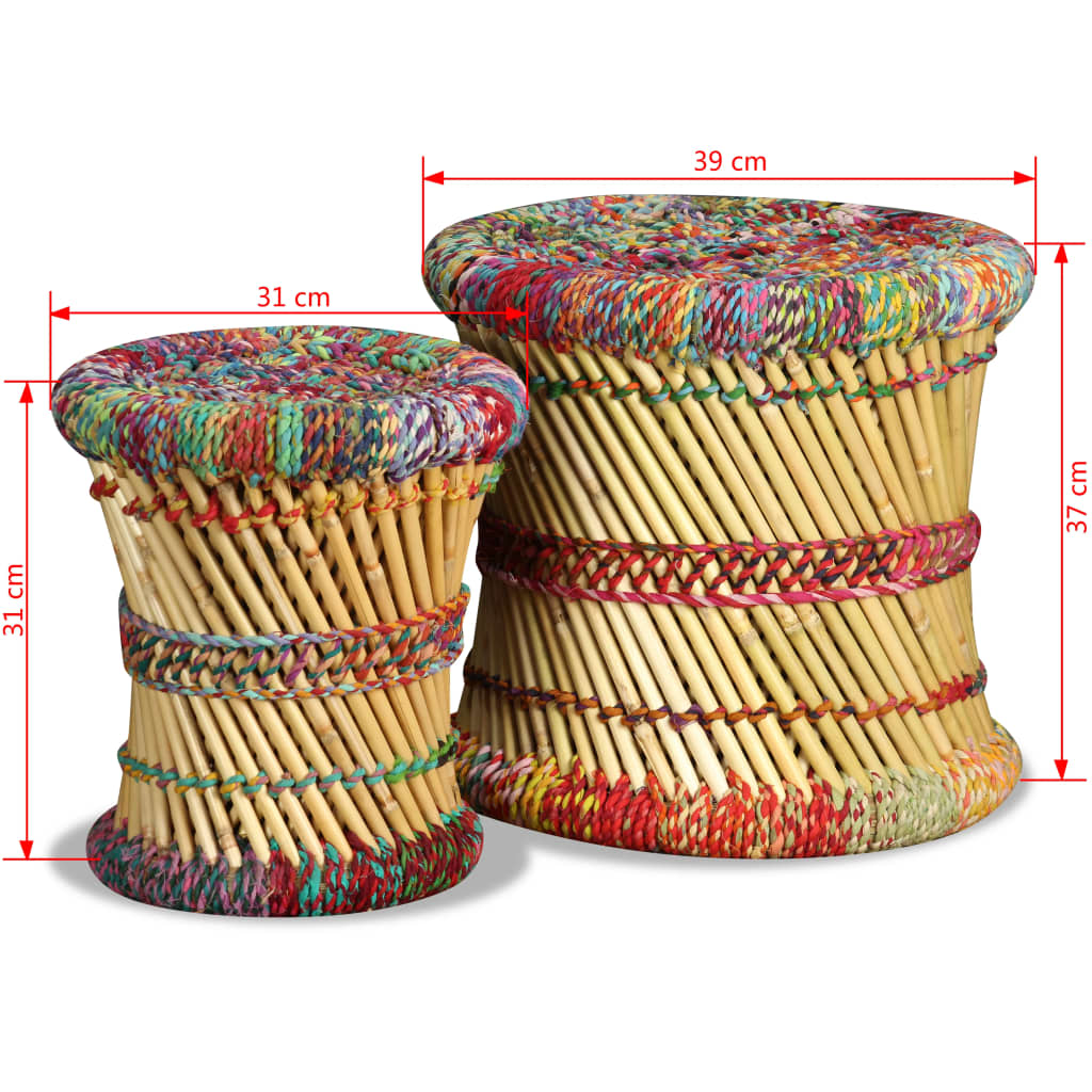 Stool Set of 2 Multicolor Bamboo and Chindi with Iron Frame