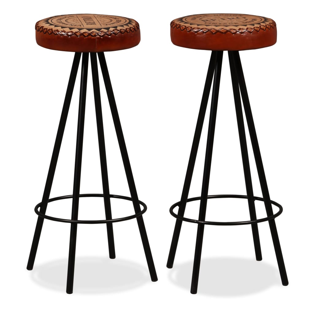 Bar Stool Set of 2 Brown and Black Real leather, canvas and steel