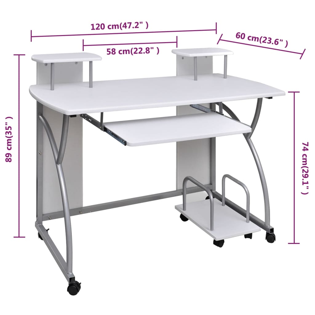 Computer Desk with Pull-out Keyboard Tray White Cart Game Laptop Table