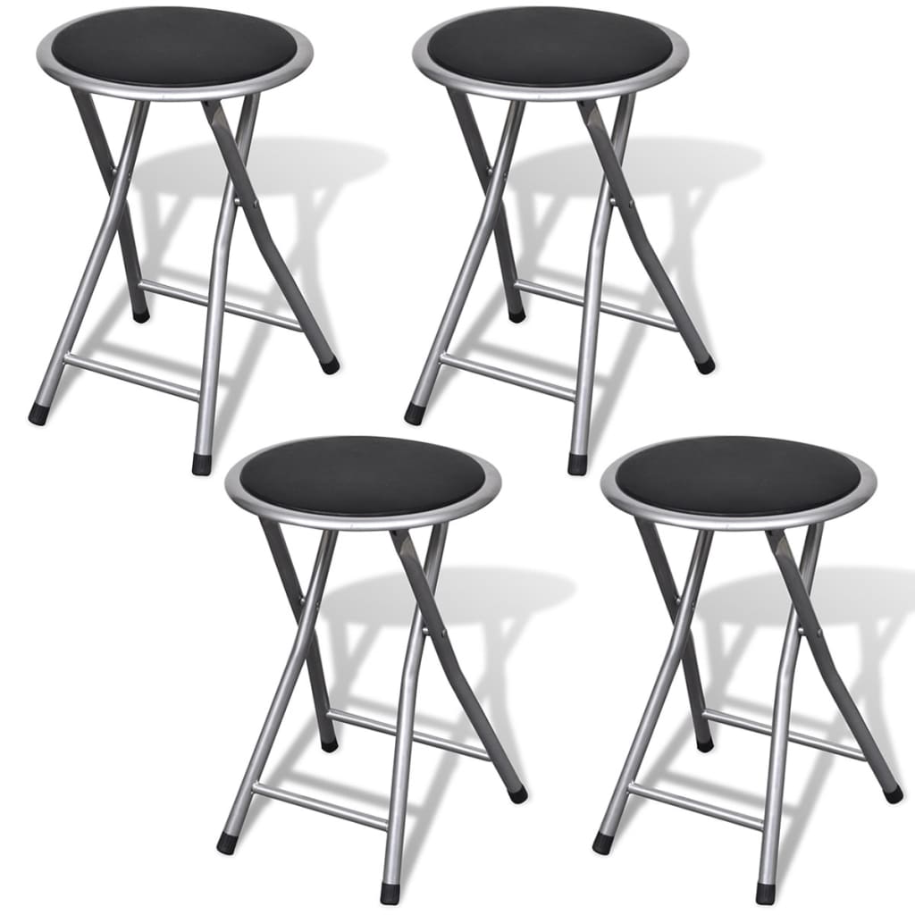 Stool Set of 4 Black, Silver Steel frame, PU leather seat
