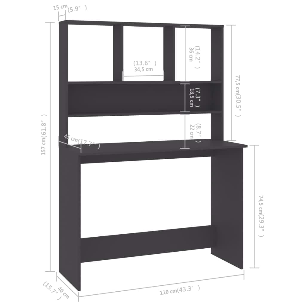 Desk with Shelves Gray 43.3"x17.7"x61.8" Engineered Wood