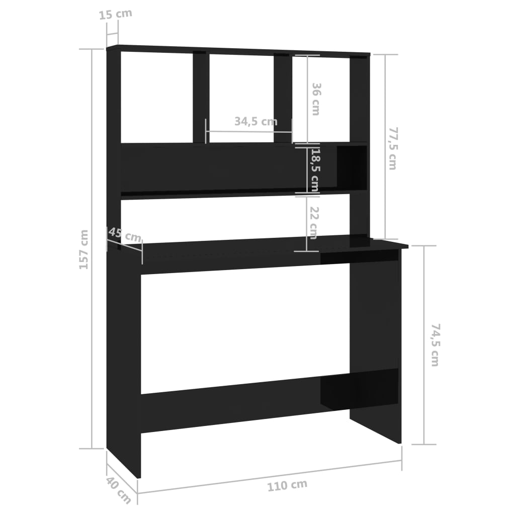 Desk with Shelves High Gloss Black 43.3" x 17.7" x 61.8" Engineered Wood