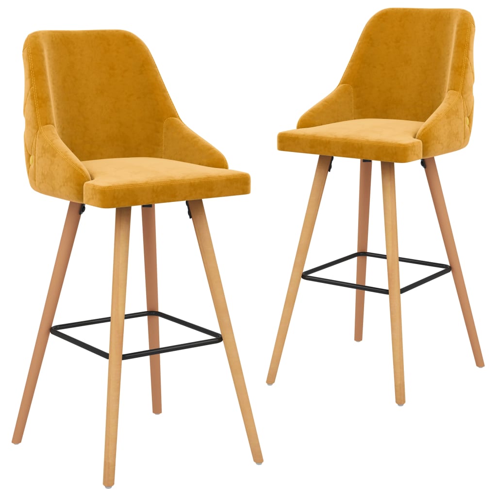 Bar Chair Set of 2 Yellow Velvet (100% polyester), Solid Beech wood