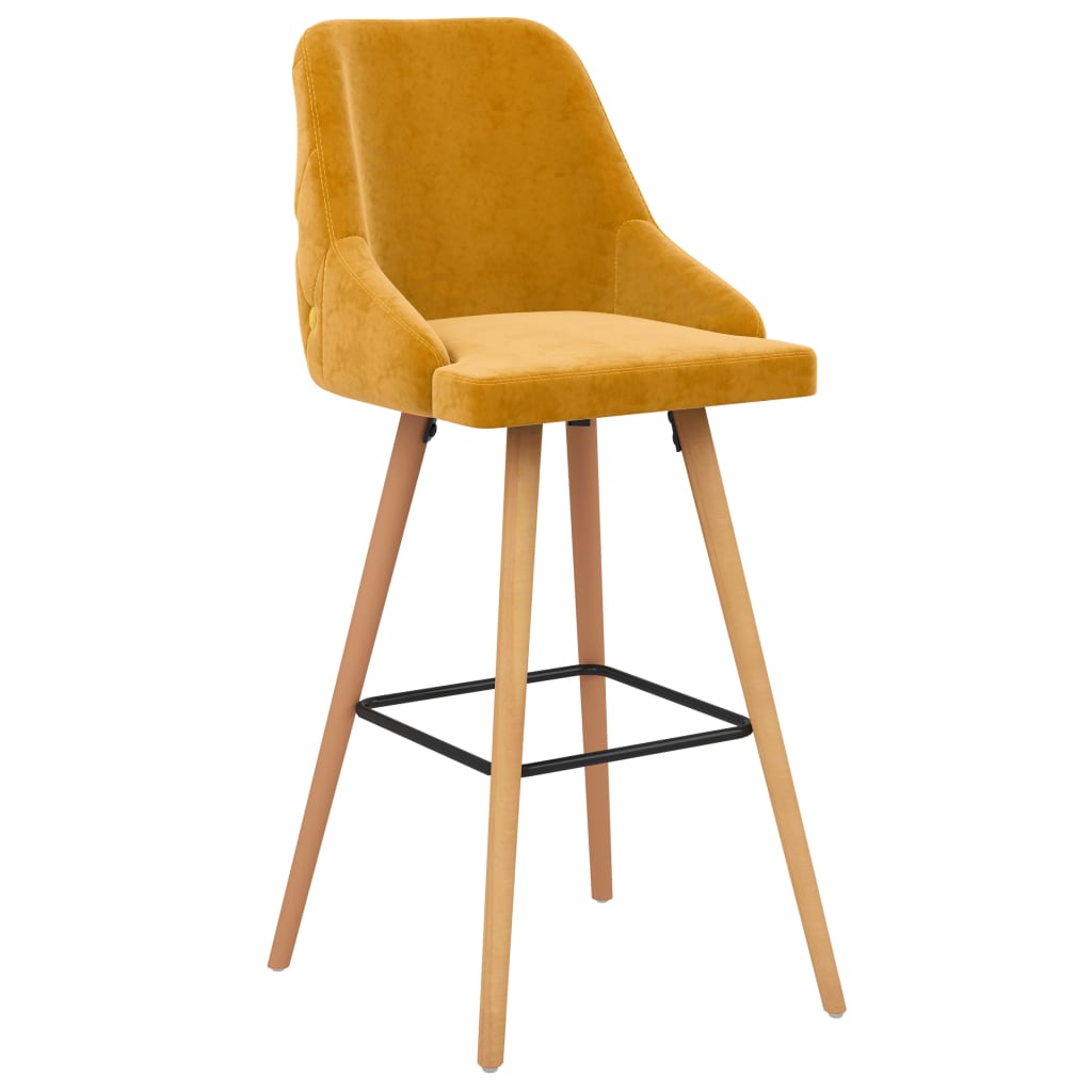 Bar Chair Set of 2 Yellow Velvet (100% polyester), Solid Beech wood