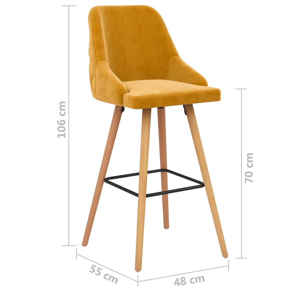 Bar Chair Set of 2 Yellow Velvet (100% polyester), Solid Beech wood