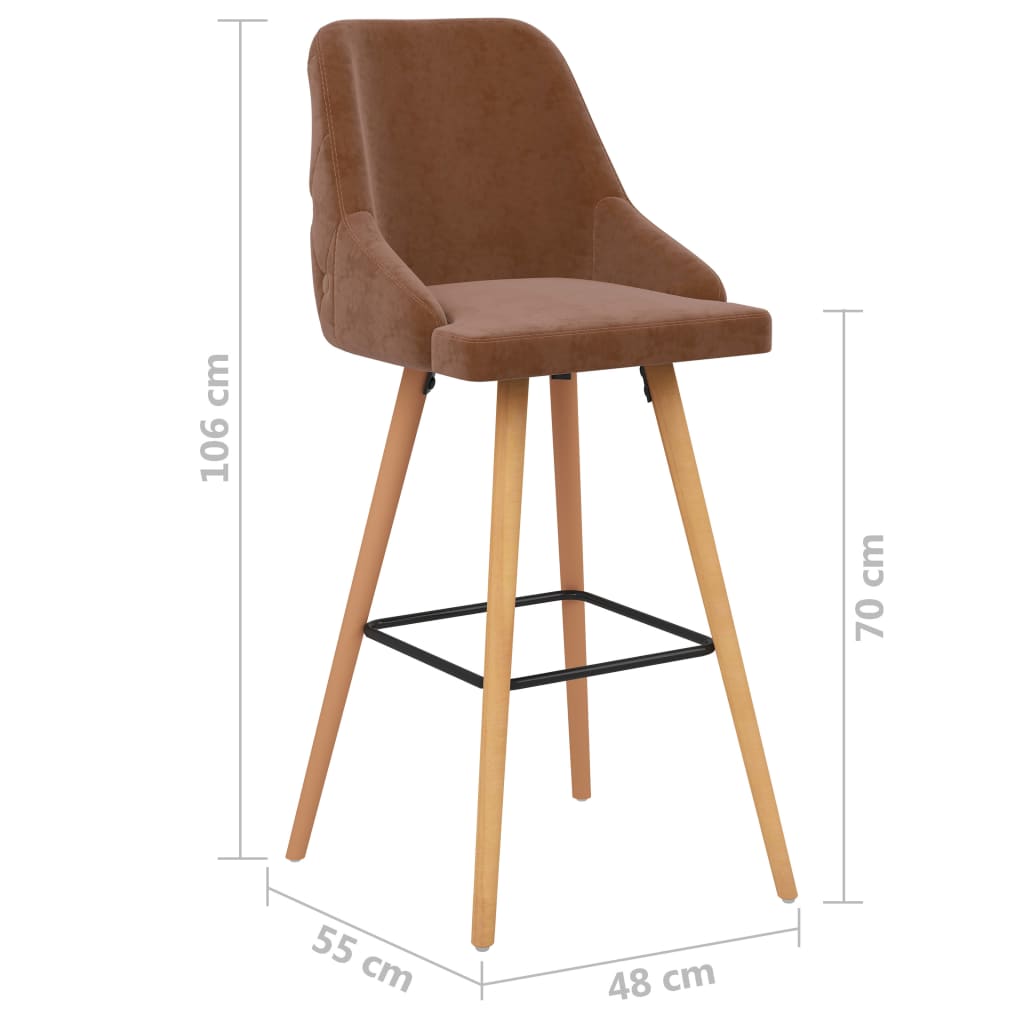 Bar Chair Set of 2 Brown Velvet (100% polyester), solid beech wood