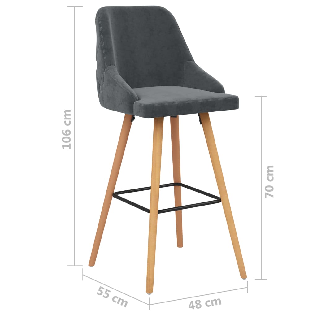 Bar Chair Set of 2 Dark Grey Velvet Standard Footrest