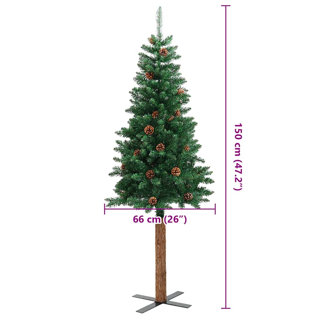 Slim Christmas Tree with Real Wood and Cones Green 59.1" PVC