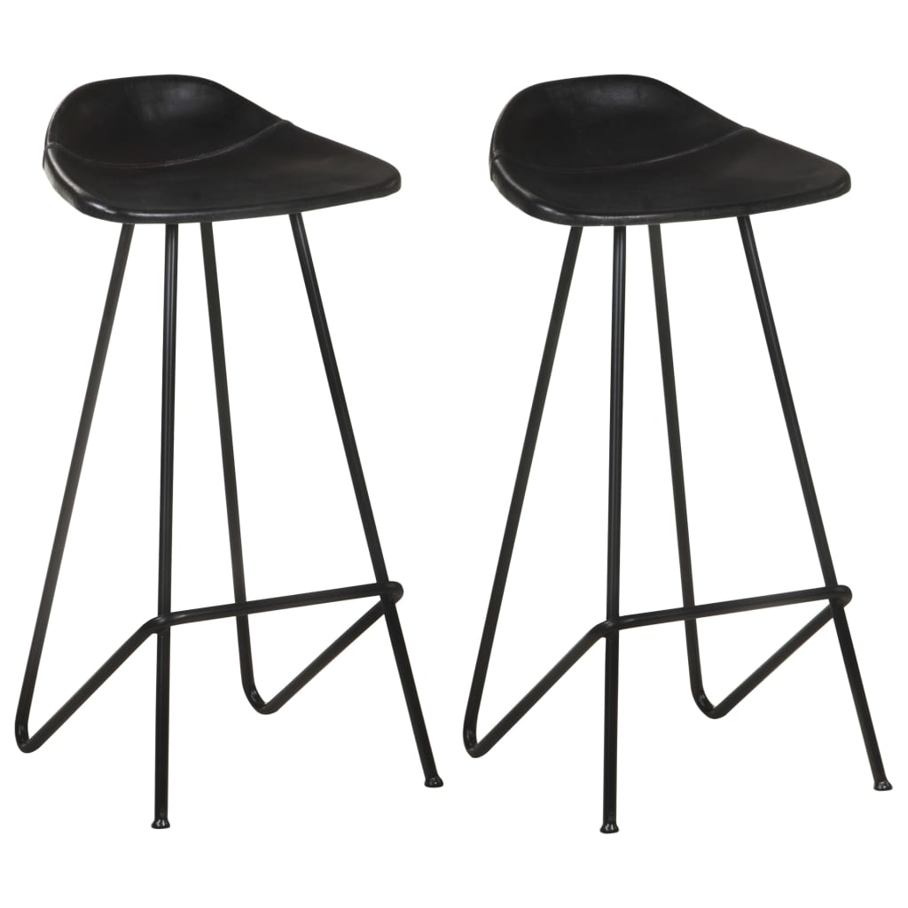 Bar Stool Set of 2 Black Real goat leather, powder-coated iron