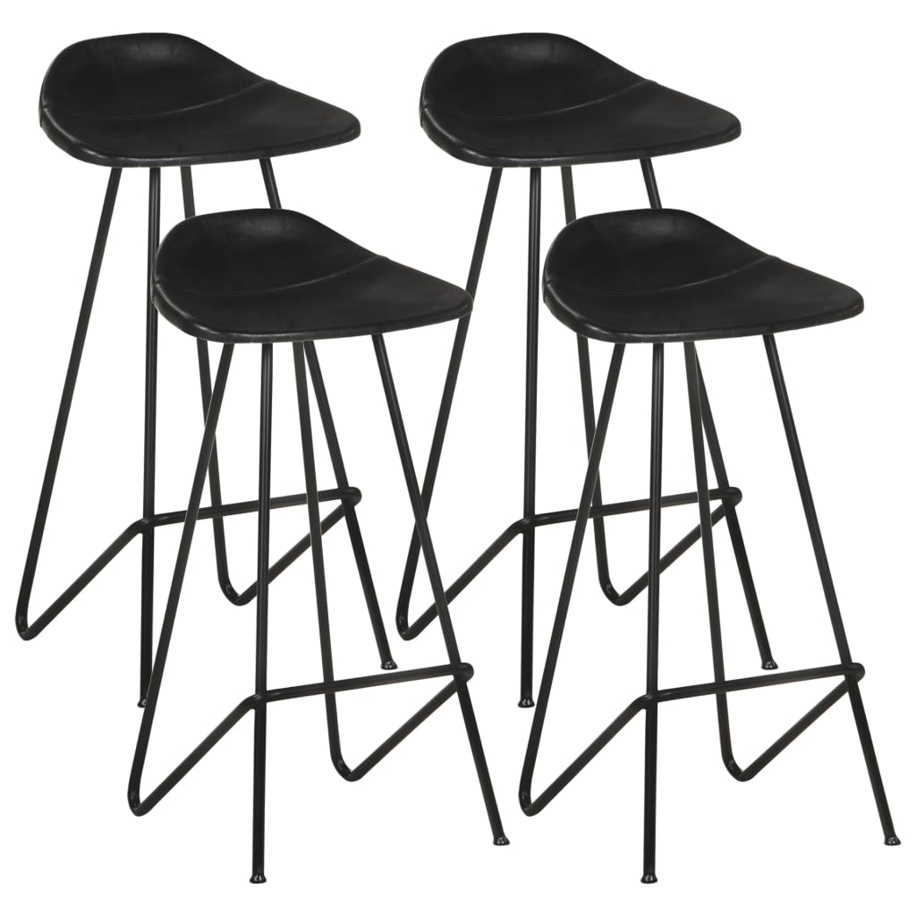 Bar Stool Set of 4 Black Real goat leather, powder-coated iron