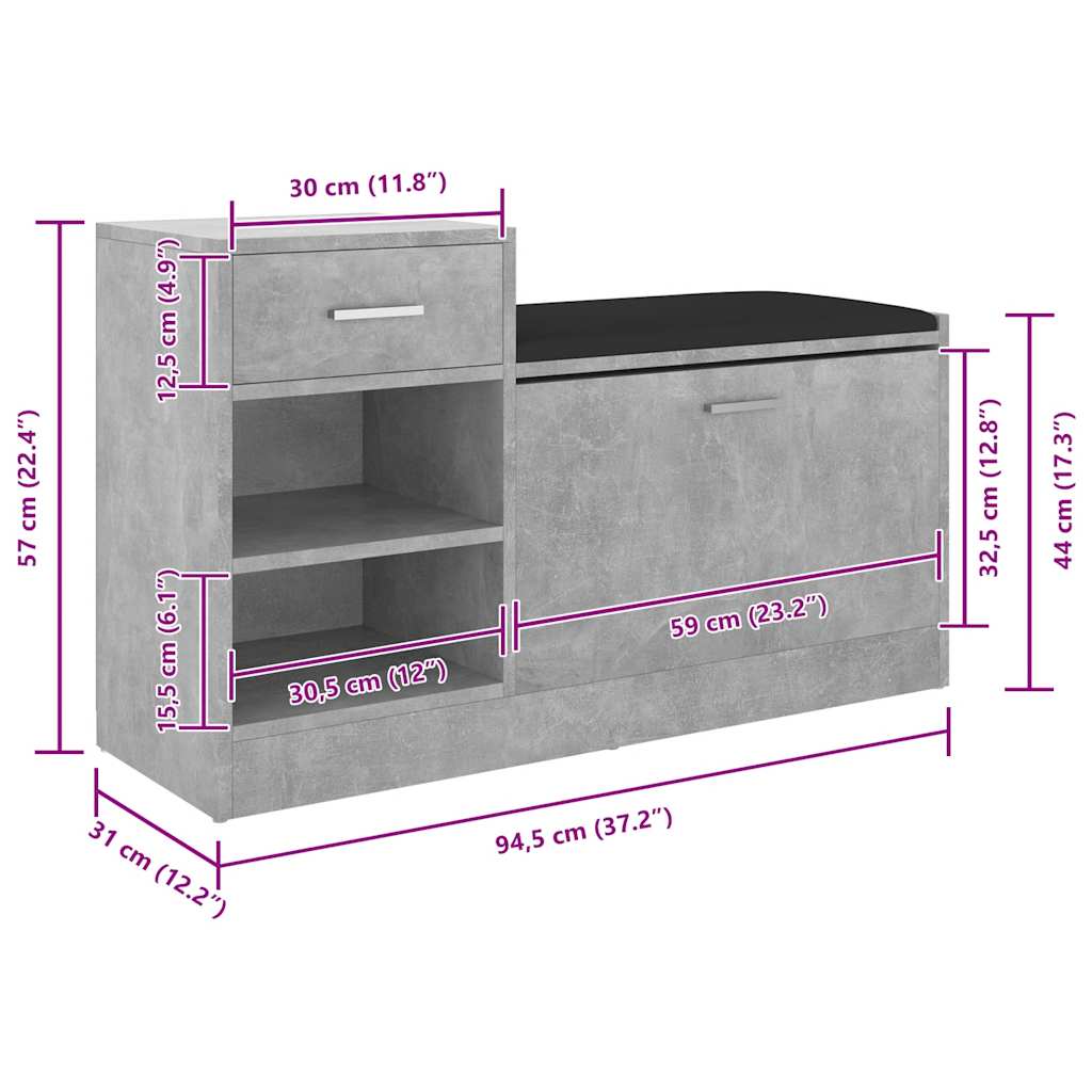 Shoe Bench Concrete Grey 37.2x12.2x22.4" Engineered Wood