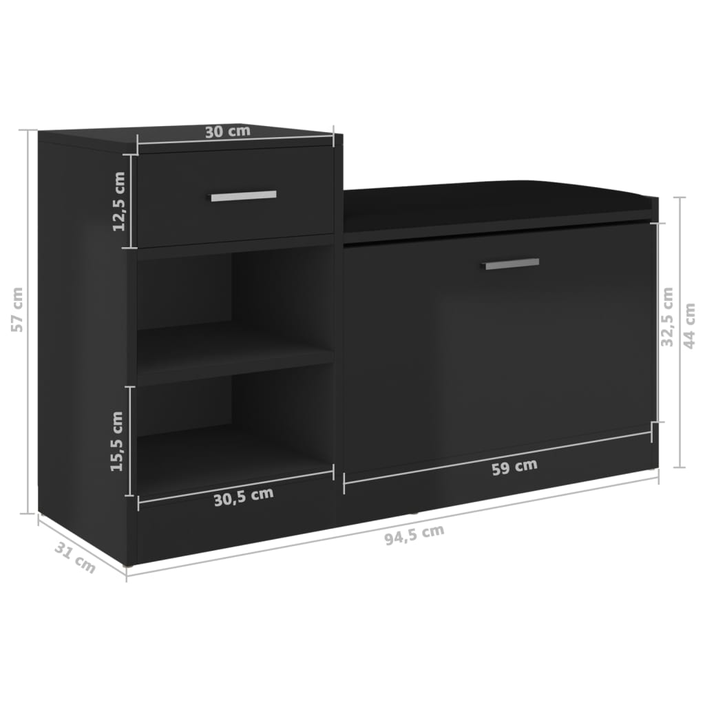 Shoe Bench High Gloss Black 37.2x12.2x22.4" Engineered Wood