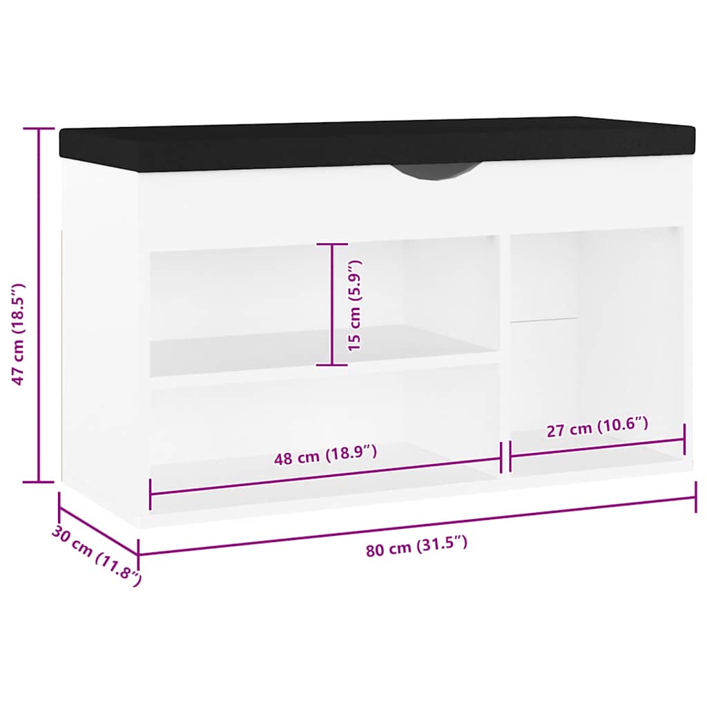 Shoe Bench with Cushion White 31.5"x11.8"x18.5" Engineered Wood