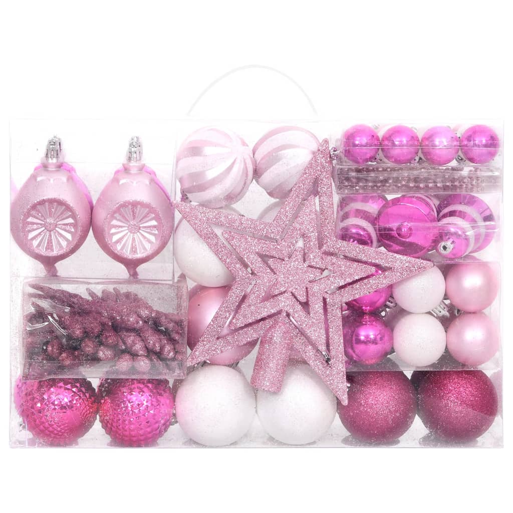 Christmas Bauble Set White and Pink Plastic Various Lightweight