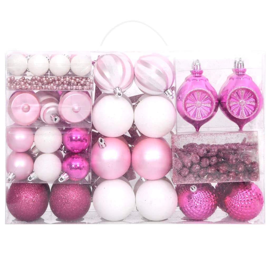 Christmas Bauble Set White and Pink Plastic Various Lightweight