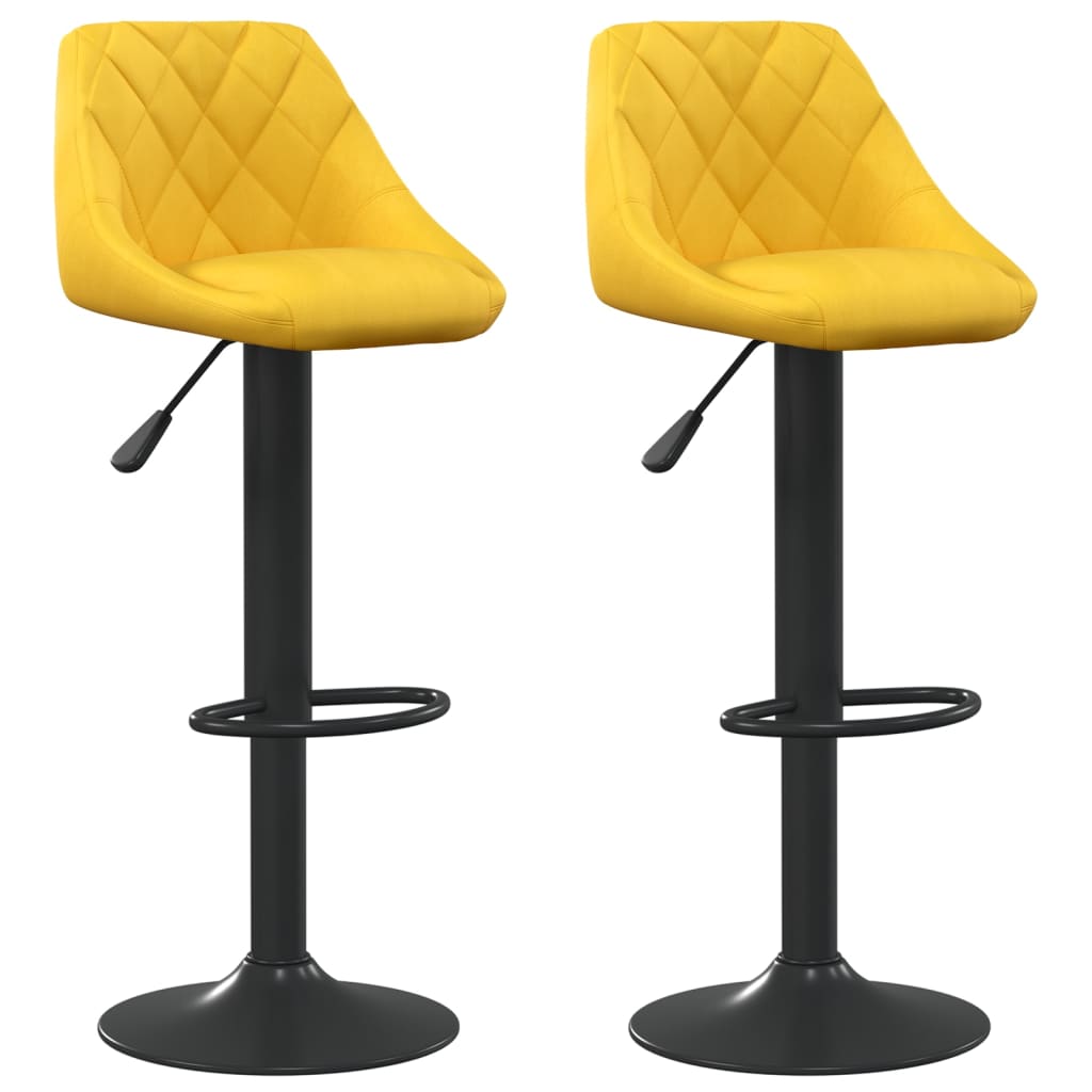 Bar Stool Set of 2 Mustard Yellow Velvet, Steel Adjustable