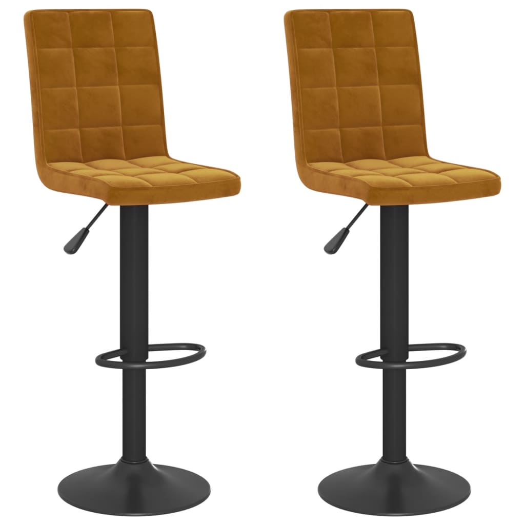 Bar Stool Set of 2 Brown Velvet, Steel Height-Adjustable Swivel