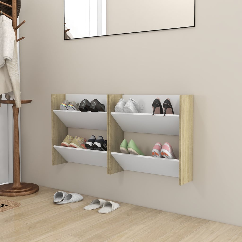 Wall Shoe Cabinet Set of 2 White and sonoma oak Engineered wood