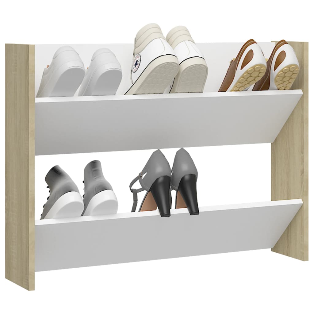 Wall Shoe Cabinet White and Sonoma Oak Engineered Wood Compact