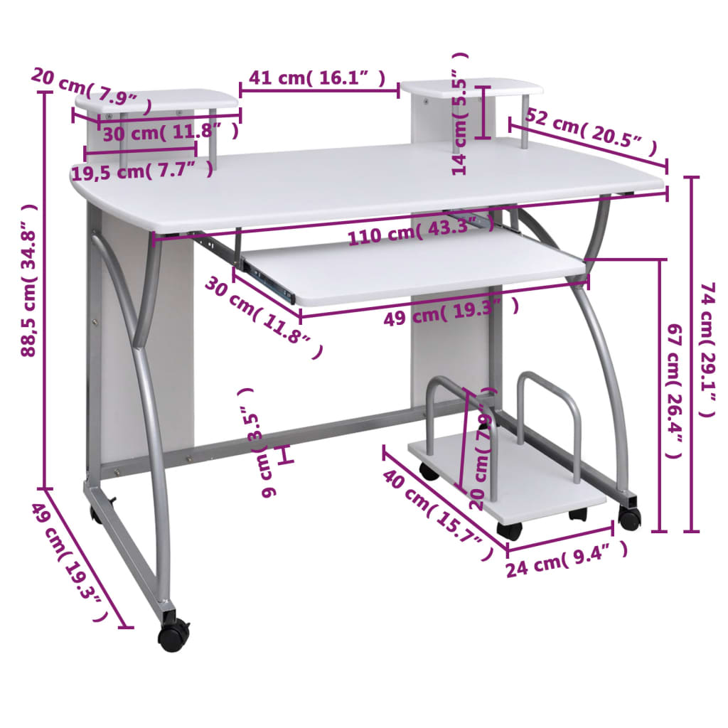 Computer Desk White Engineered wood, Powder-coated steel Medium