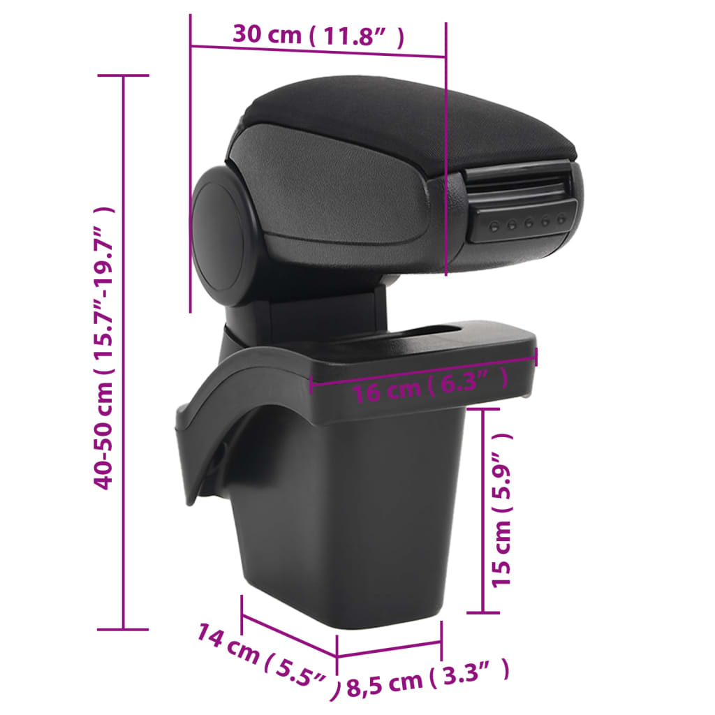 Car Armrest Black 6.3"x11.8"x(15.7"-19.7") ABS