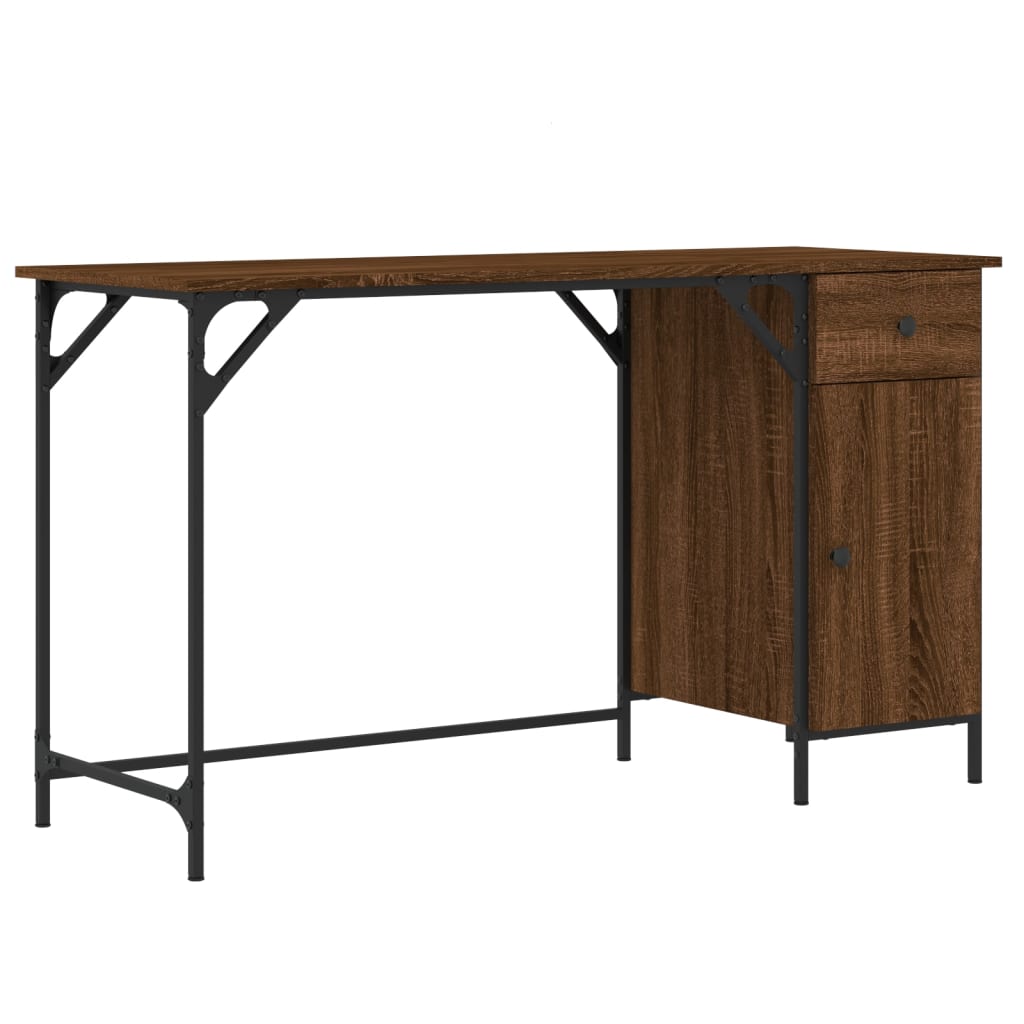 Computer Desk Brown Oak Engineered Wood, Metal Medium