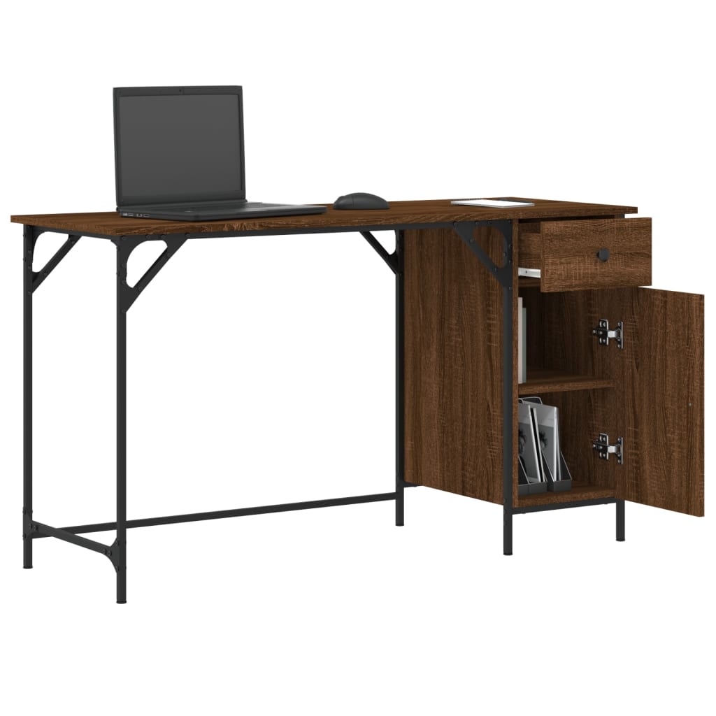Computer Desk Brown Oak Engineered Wood, Metal Medium