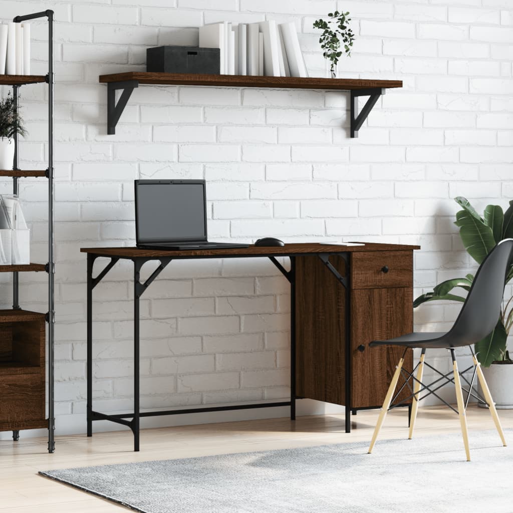Computer Desk Brown Oak Engineered Wood, Metal Medium