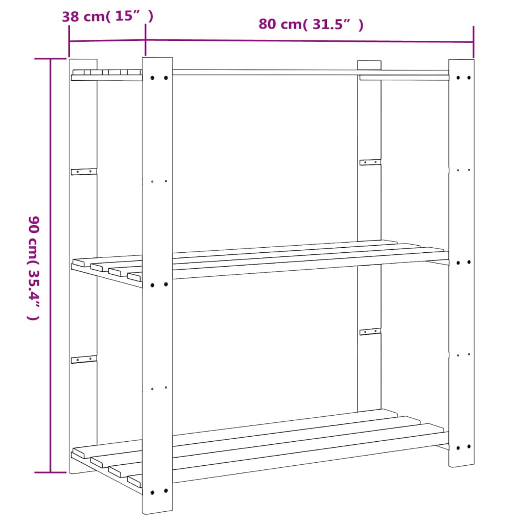 3-Tier Storage Rack Black 31.5x15.0x35.4" Solid Wood Pine