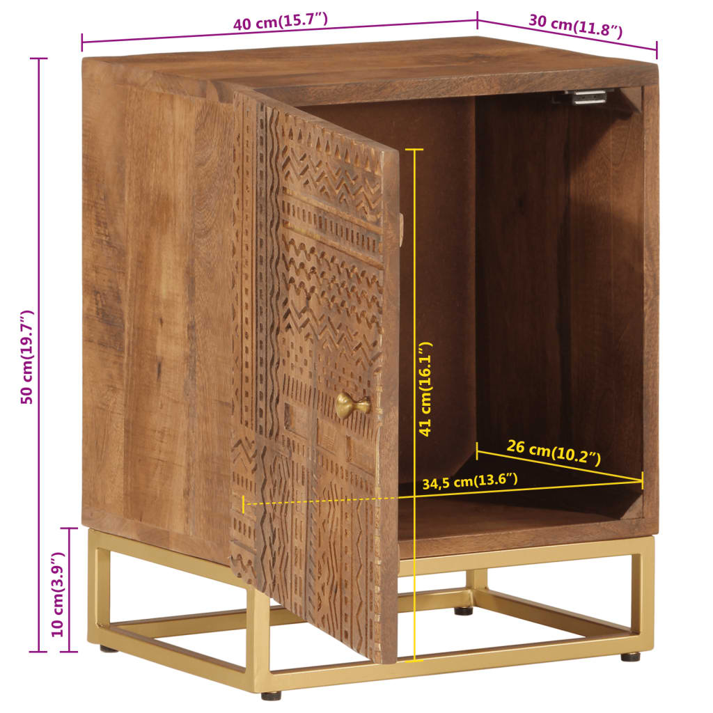 Bedside Cabinet Natural Mango Wood Solid Mango Wood and Iron Medium