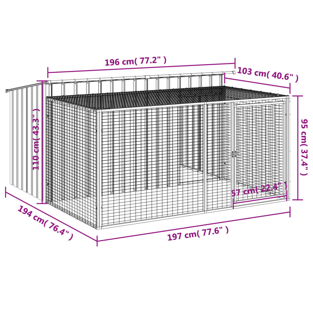 Dog House with Run Anthracite 77.6x76.4x43.3" Galvanised Steel