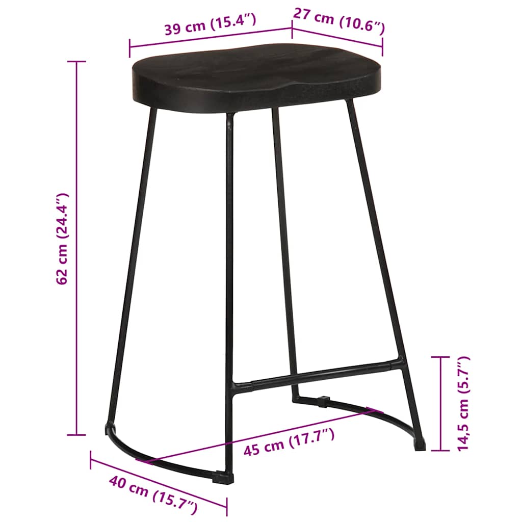 Bar Stool Set of 2 Black Solid Mango Wood, Iron Footrest