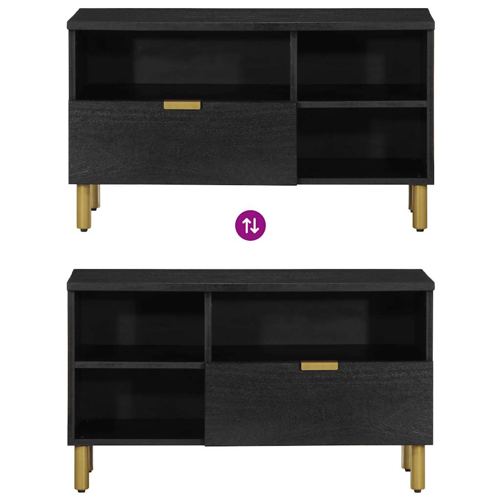 TV Cabinet Black Engineered wood, Solid Mango wood, Brass Small