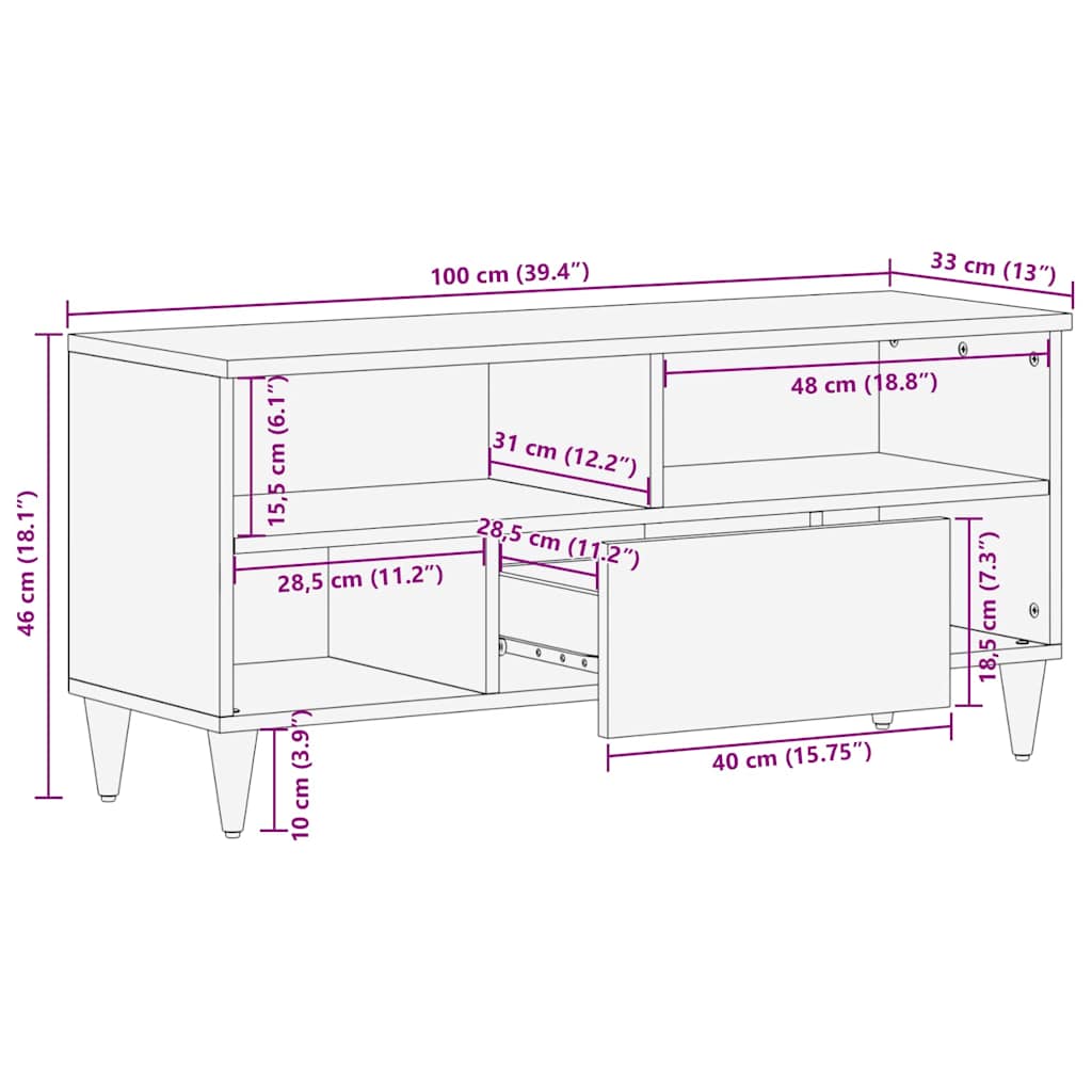 TV Cabinet with Shelf Brown 100 x 33.5 x 46 cm Solid Mango wood