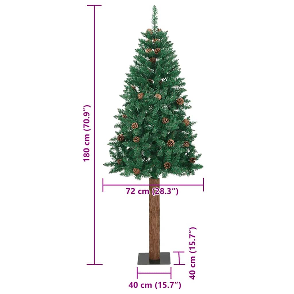 Slim Christmas Tree Green 70.9" PVC and Solid Pine wood