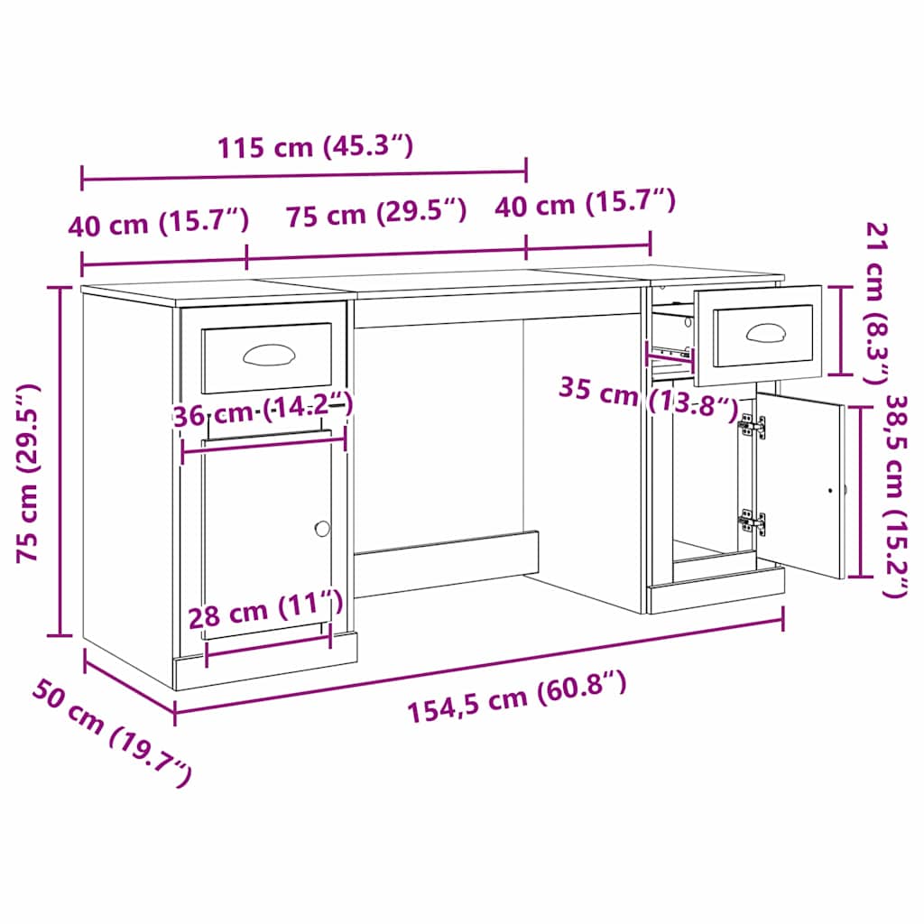 Desk with Cabinet with Door Black Oak 60.83 x 19.69 x 29.53 in