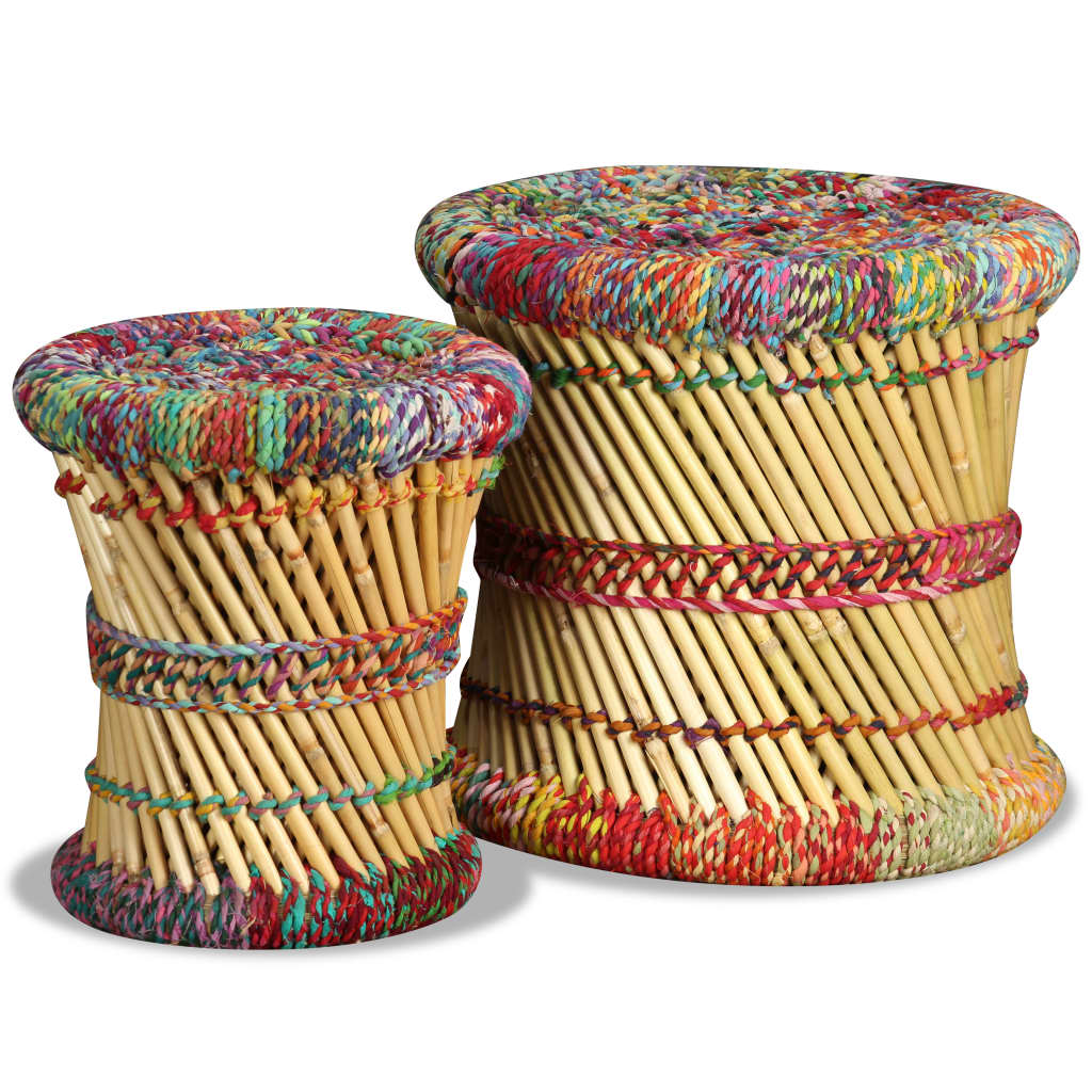 Stool Set of 2 Multicolor Bamboo and Chindi with Iron Frame