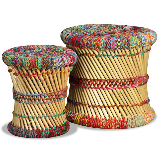 Stool Set of 2 Multicolor Bamboo and Chindi with Iron Frame