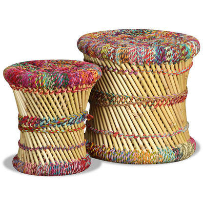 Stool Set of 2 Multicolor Bamboo and Chindi with Iron Frame
