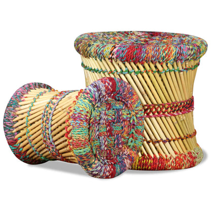 Stool Set of 2 Multicolor Bamboo and Chindi with Iron Frame