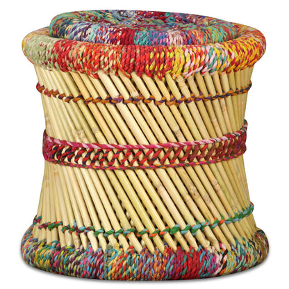 Stool Set of 2 Multicolor Bamboo and Chindi with Iron Frame