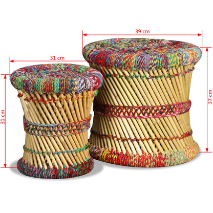 Stool Set of 2 Multicolor Bamboo and Chindi with Iron Frame