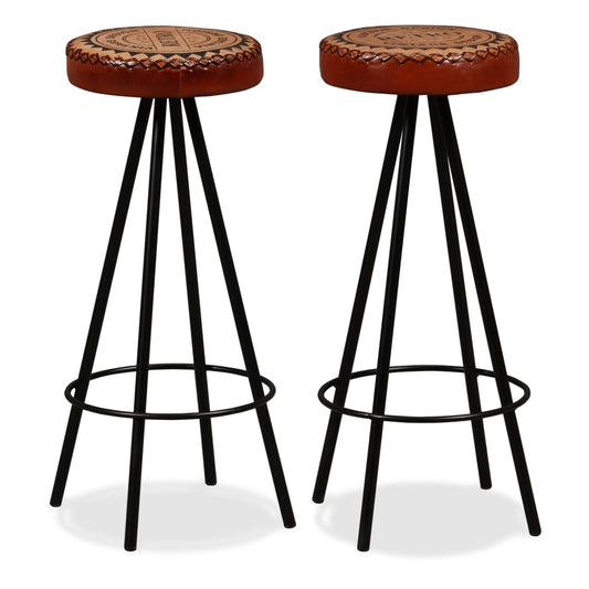 Bar Stool Set of 2 Brown and Black Real leather, canvas and steel