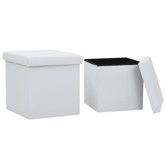Storage Stool Set of 2 White Faux Leather, MDF, Foam Medium