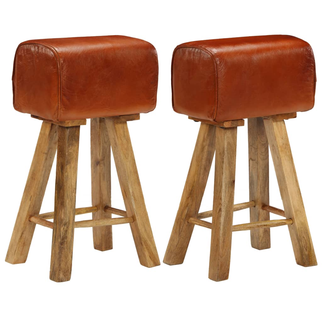 Bar Chair Set of 2 Natural wood and brown leather